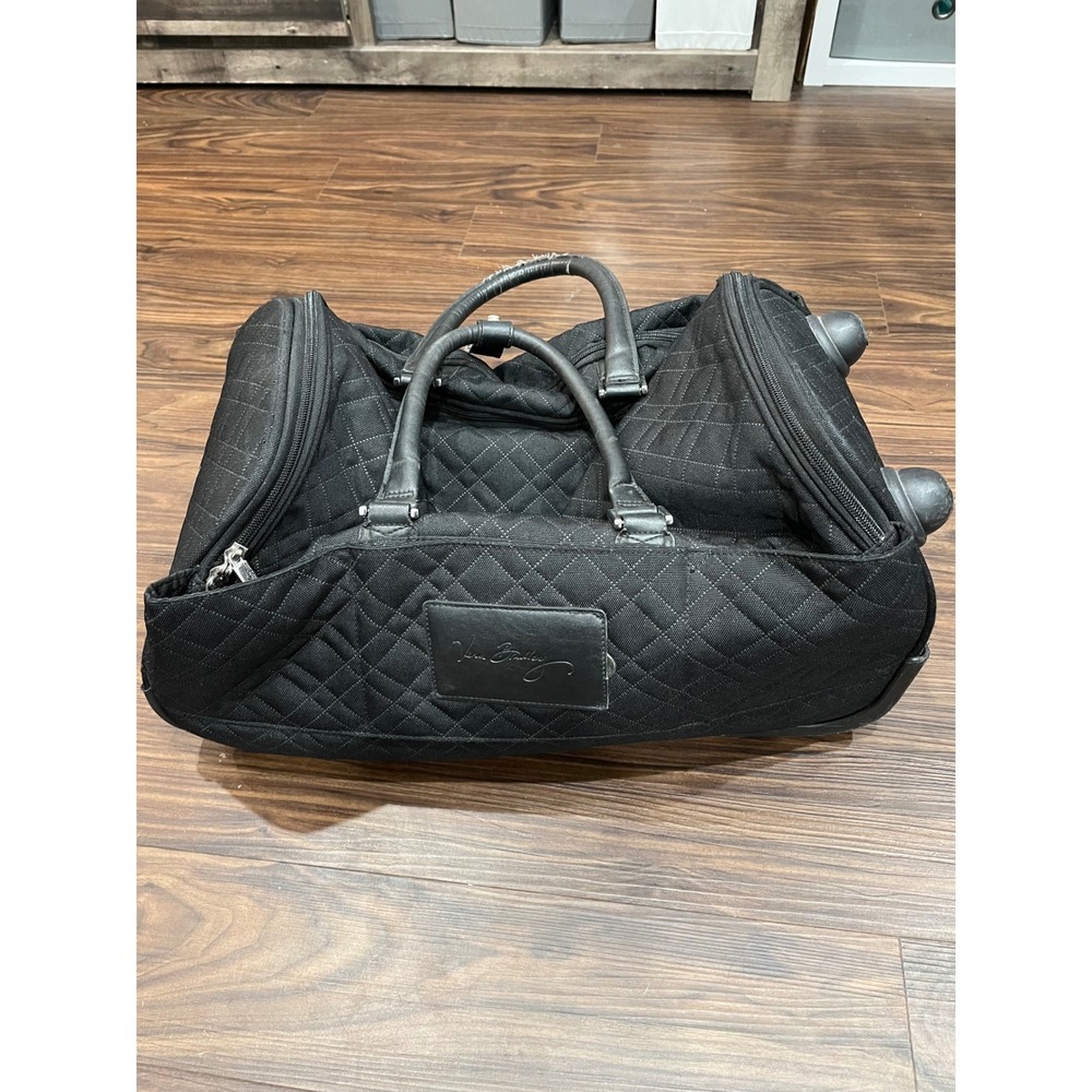 Vera Bradley Black Quilted Microfiber Rolling Duffel Bag Luggage Weekender Carry